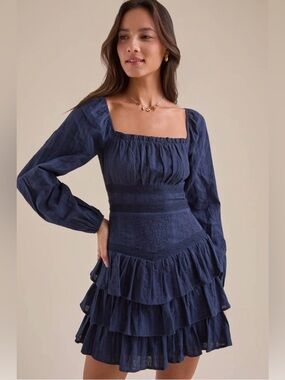 Altar'd State Navy Tiered Long-Sleeve Ruffled Mini Dress